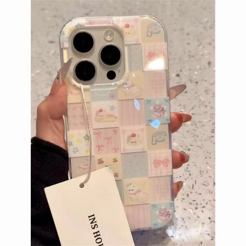 Suitable for Apple 17 phone case with collage notes, plaid pattern, hand-drawn puppy, bow, cherry iPhone 18 protective cover Suitable for Apple 17 phone case with collage notes, plaid pattern, hand-drawn puppy, bow, cherry iPhone 18 protective cover