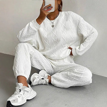 25年秋冬季亚马逊欧美女装跨境新款时尚提花螺纹休闲两件套套装女