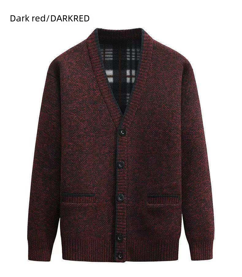 Herrenbekleidung Einteiliger Winterpullover für Männer mittleren Alters mit Fleecefutter und verdicktem V-Ausschnitt, Strickmantel für Väter mittleren Alters und ältere Menschen_voghion.com