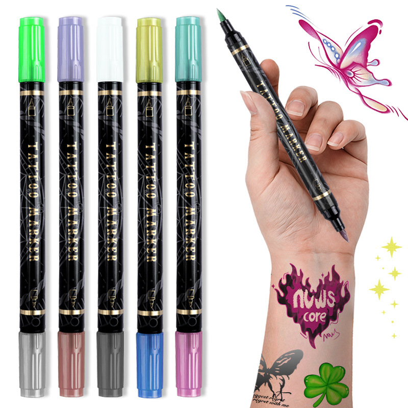 Double-Ended Dual-Color Body Painting Tattoo Pen, Soft-Tipped Metallic Skin Marker Pen, Removable Temporary Tattoo Pen