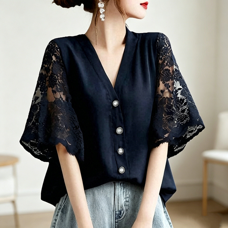 In-Stock 2026 Summer New Japanese Style V-Neck Lace Patchwork Chiffon Shirt with Loose Batwing Sleeves, Elegant Commuter Top