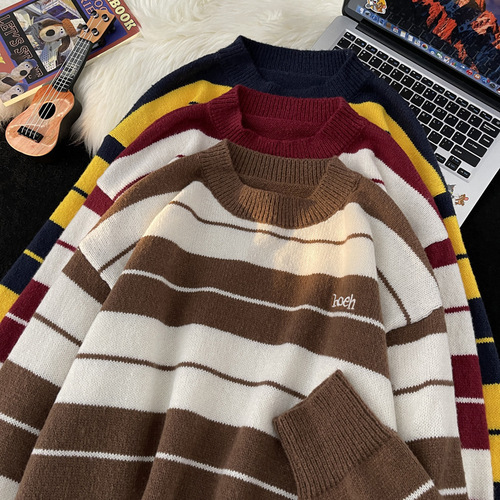 Stylish New Striped Sweater for Men and Women, Couple's Day-Style Retro Color Block Collage Hoodless Crew Neck Knitwear Outerwear