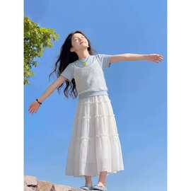 女童2026巨好看裙子夏女孩韩系假两件短袖儿童夏日洋气半身裙套装
