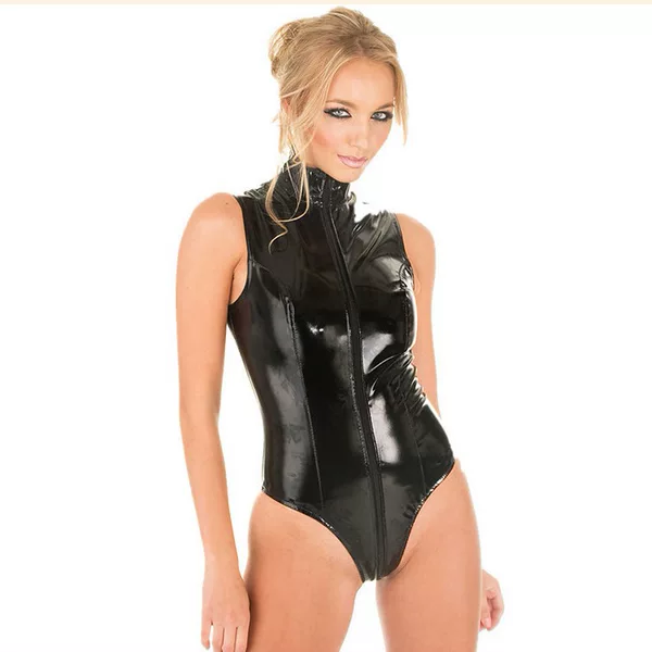 Bright patent leather slim fit European and American game uniform split black leather triangle jumpsuit sexy temptation