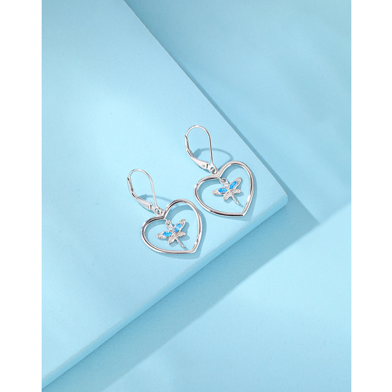 925 plata esterlina libélula aretes en forma de corazón para mujeres joyas transfronterizas japonesas y coreanas nicho de alto nivel Zircon amor pendientes