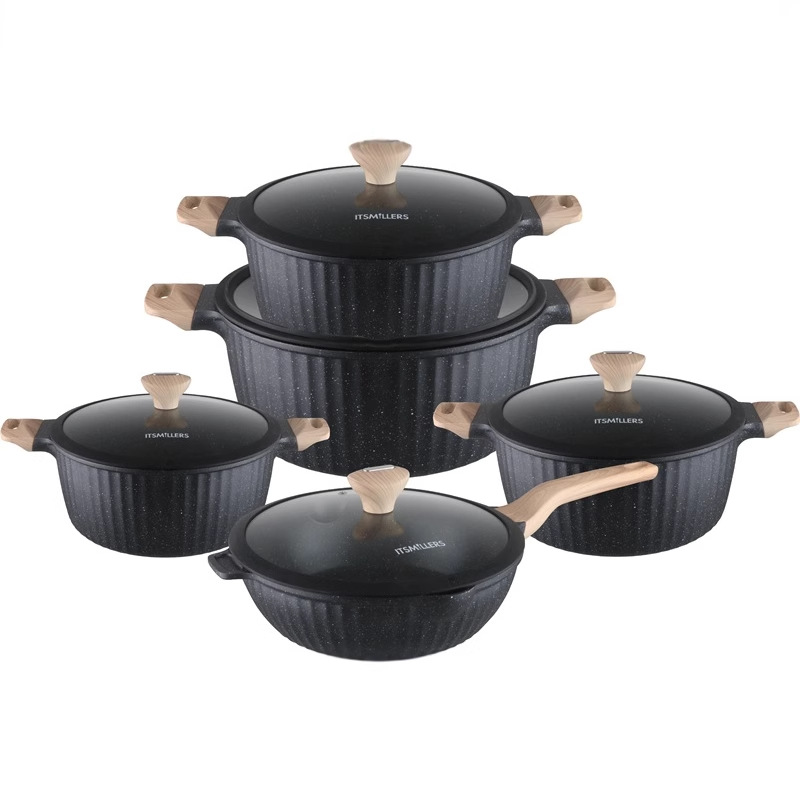 10pcs cookware set 10 juego de mármol antiadherente olla de aluminio fundido a presión de piedra médica olla de aluminio