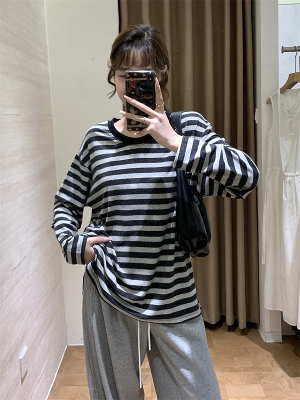 泽黛佳伊 韩系早秋新款复古慵懒风莱赛尔羊毛混纺撞色条纹长袖T恤|undefined