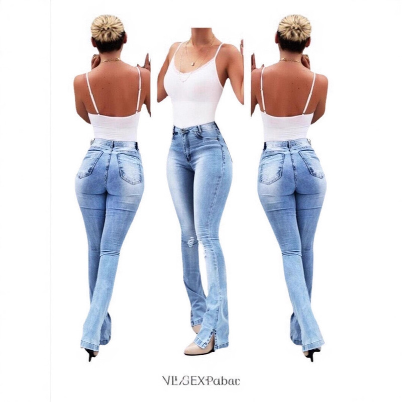 Cross-Border European and American 2025 Spring New Amazon Fashion Elastic Slit Flared High-Waisted Women's Jeans