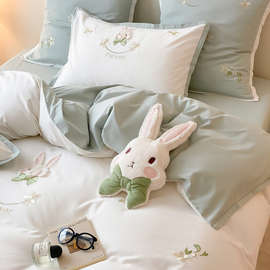 12WU100S高支贡缎长绒棉四件套毛绒兔子纯棉刺绣被套床单床上