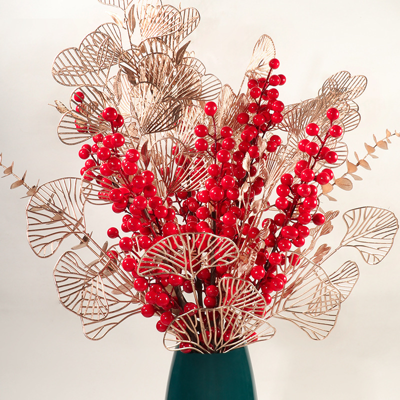 红果发财果仿真花福桶diy插花仿真冬青果新年装饰花年宵花批发