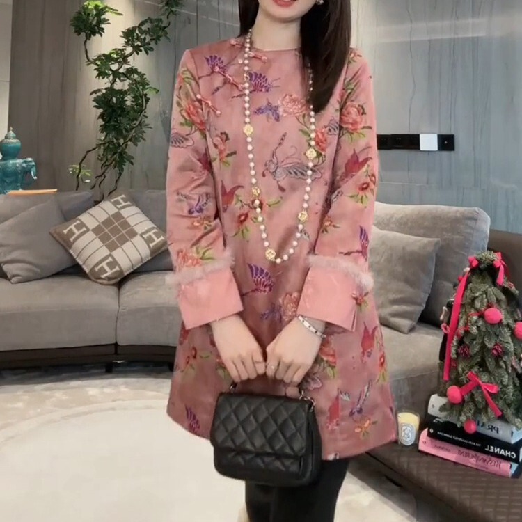 French Retro Classy Classy Exquisite New Chinoiserie National Style Printed Velvet Cheongsam Improved Dress for Women Autumn and Winter