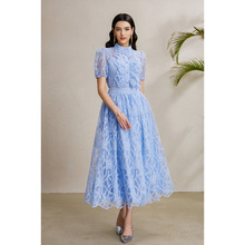 法式穿搭女夏装高级感蕾丝木耳边泡泡袖刺绣上衣+高腰大摆半身裙