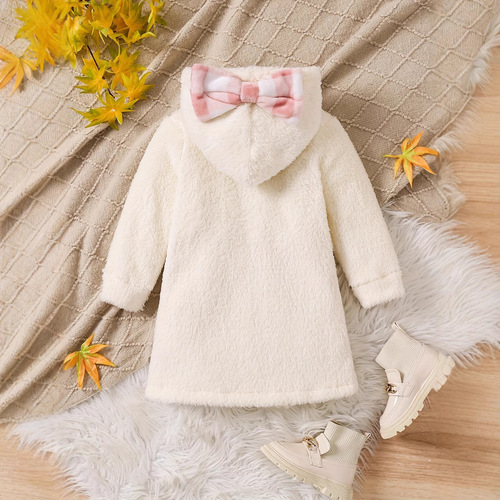 Girls 'autumn and winter cute pink plaid bow hat cat embroidered double-sided velvet thick warm long-sleeved dress
