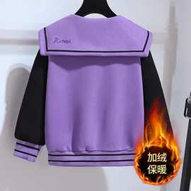 女童卡通时尚外套秋冬新款中大童娃娃领棒球服小女孩冬装加绒上衣