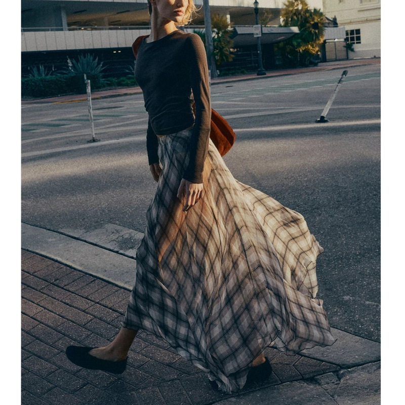 Md Series ~ Brown Plaid Skirt Niche Design Casual Light and Drapedy Elegant Mid-Length Skirt