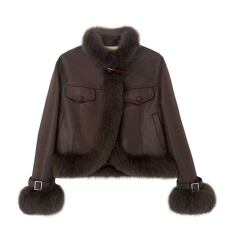 Autumn and Winter Maillard New Fox Fur Outwear Women's Short Motorcycle Jacket Suede Fur