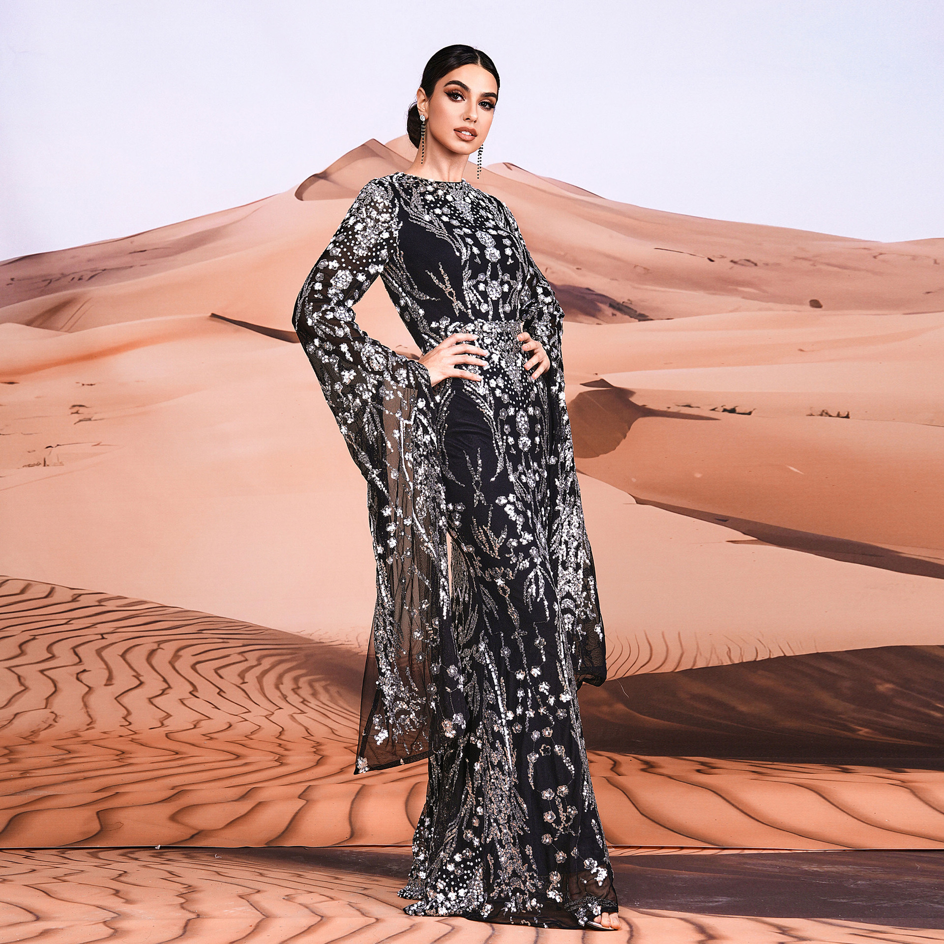 Women's Clothing ultra long sleeve temperament round neck sexy slim long sequined banquet evening dress bridesmaid dress_voghion.com