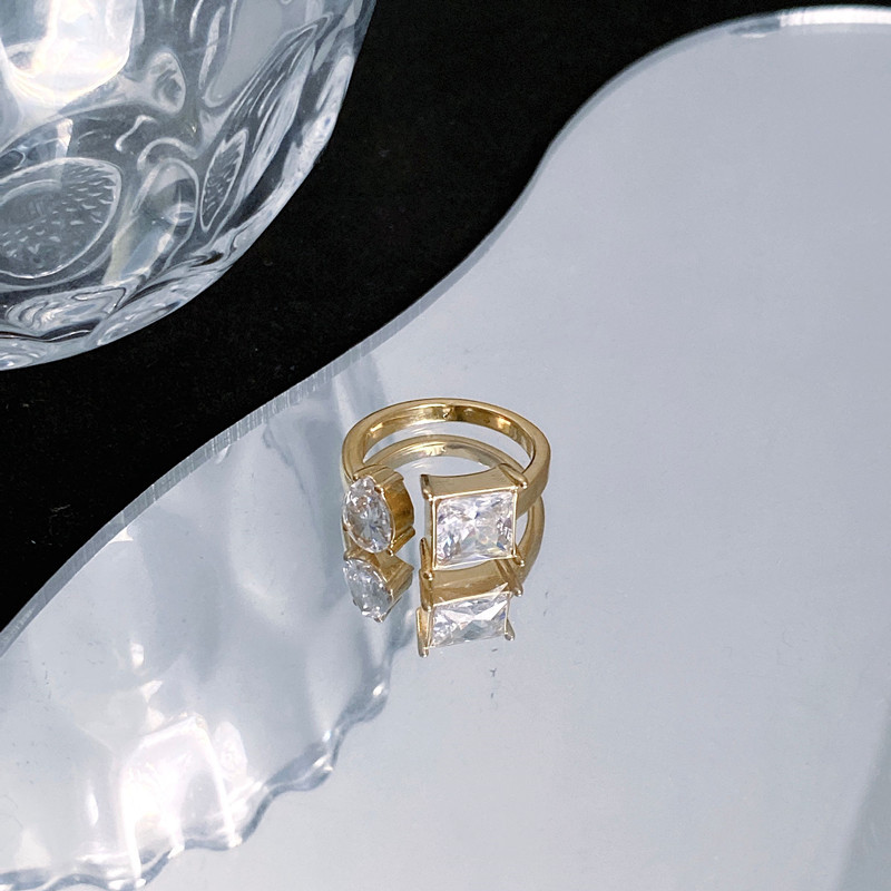 Fashion Round Square Titanium Steel Inlay Artificial Diamond Open Ring 1 Piece