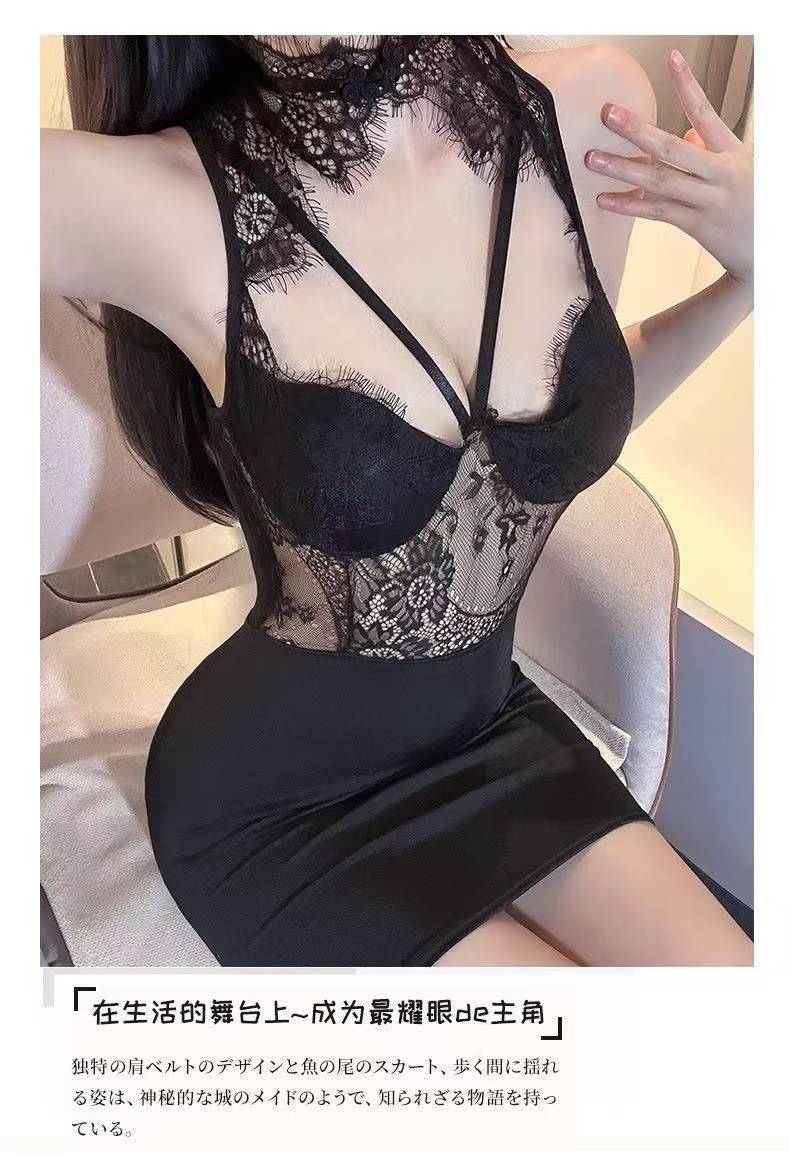 Sexy Lace Push-up Lingerie Set with Cat Ears, Deep V Slim-fit Black One Size — detail image 9