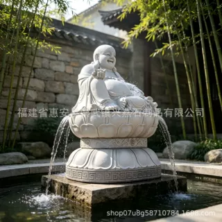 定制汉白玉弥勒佛石雕喷泉 莲花座笑佛流水景观摆件