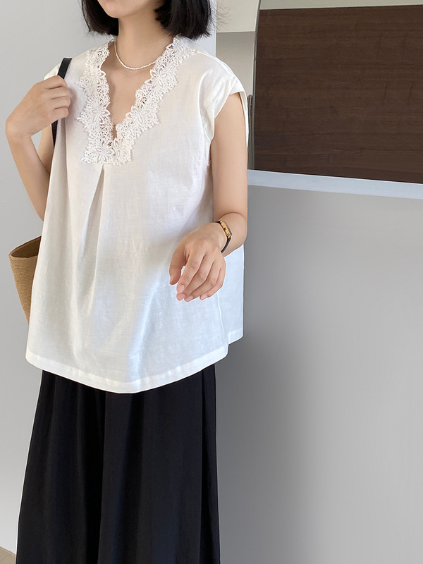 Jiangzuo 韓国スタイルのシンプルな気質ヘビーデューティレーススプライシングシャツ女性のための 2025 新しい多用途白シャツ 1605|undefined