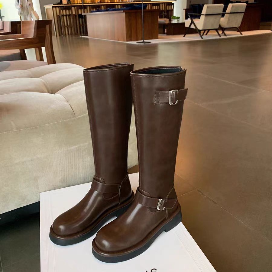 Grape Mom otoño e invierno nuevo estilo polaco pictórico ~ Hebilla de punta redonda de moda, tacón grueso, pero botas altas hasta la rodilla, botas de caballero, mujer