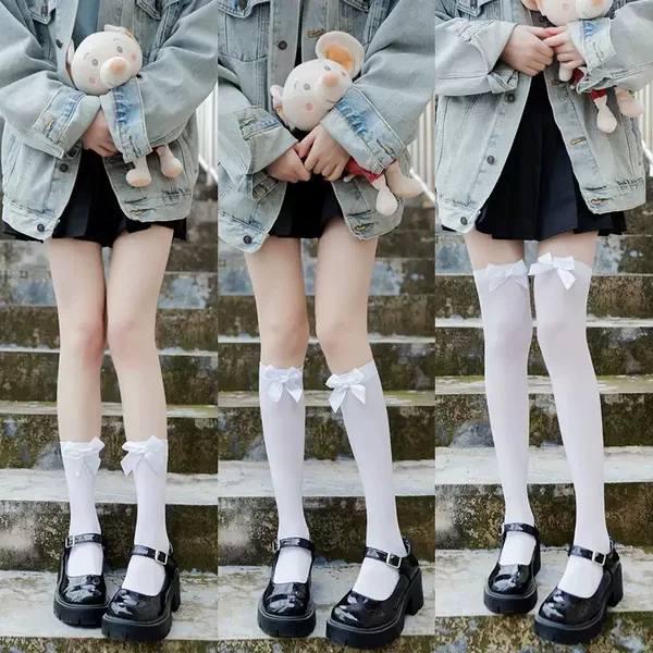 Jk Mid-Calf Socks for Women, White Summer Thin Style, Lolita Over-The-Knee High Socks, White Bow Long Socks