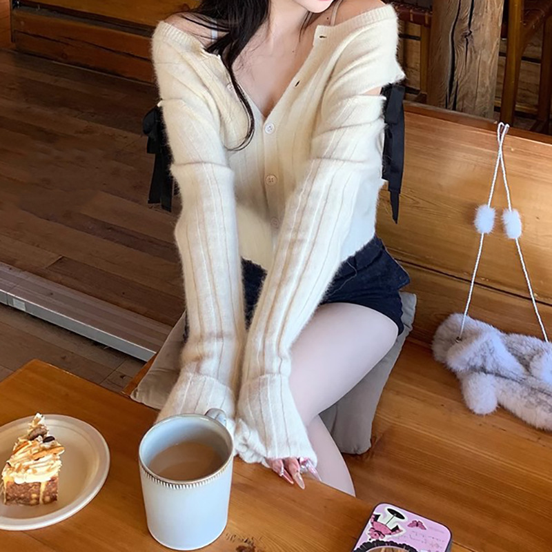 Handmade Velvet Bow 30 Raccoon Cardigan Off-Shoulder Bow Small Round Neck Slimming White Top for Women