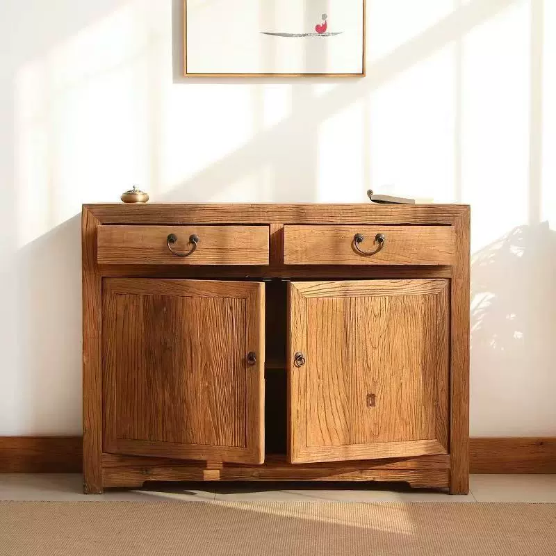 复古老榆木餐边柜实木靠墙收纳柜禅意双开门储物柜家用做旧收纳柜