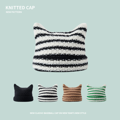 Knitted Hat for Girls Autumn and Winter Japanese Style Cute Cat Ears Striped Warm Knit Hat Couple Matchable Hooded Hat Trendy