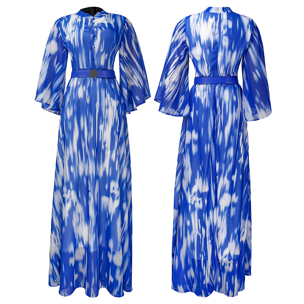 African Plus Size Women's Chiffon Bat Sleeves Ink Painting Tie-Dye Stand Collar Dress Elegant Large Swing Long Dress with Belt