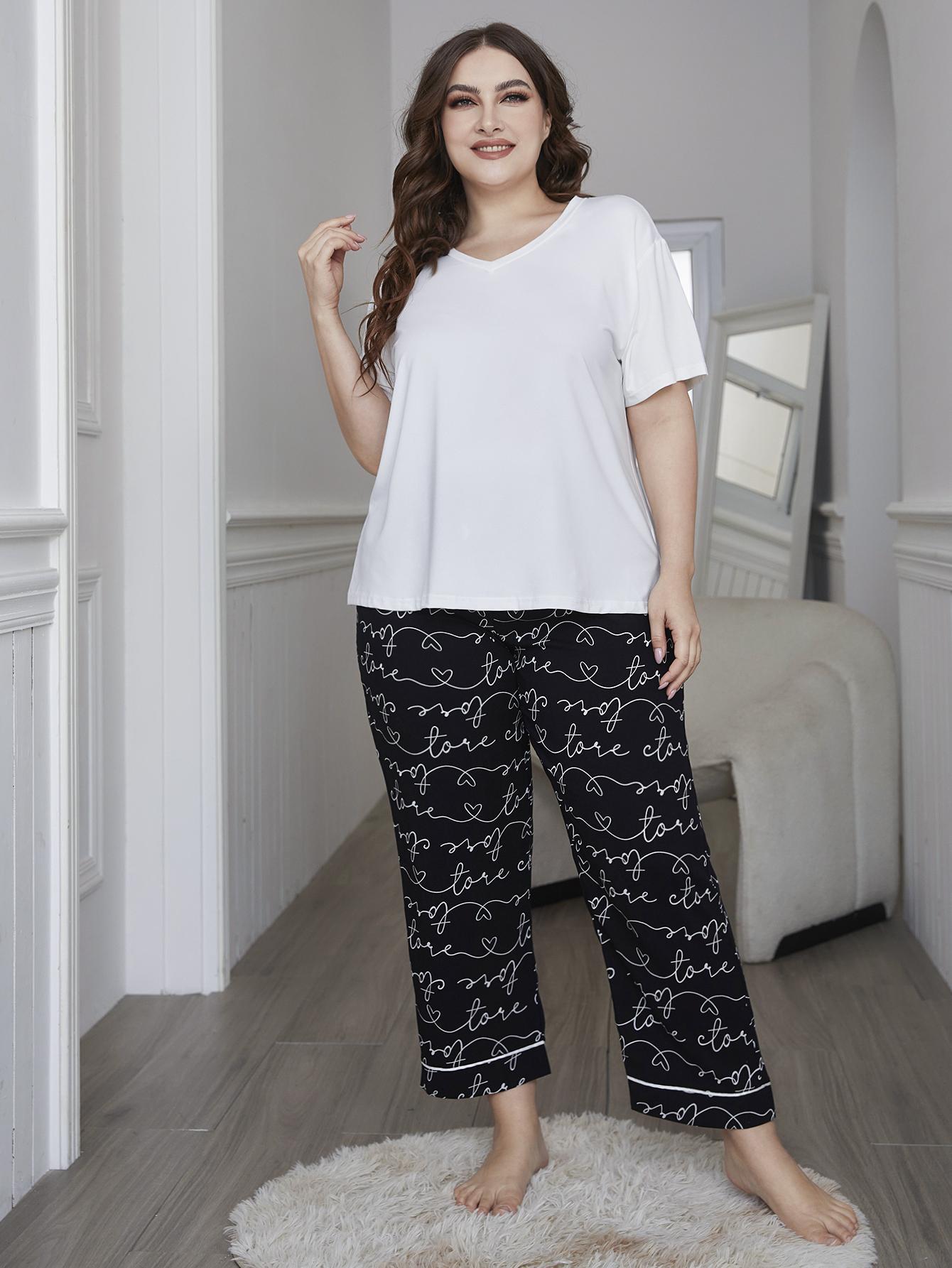 plus size print short sleeve v neck loose two-piece Loungewear-Can be worn outside NSWFC130334