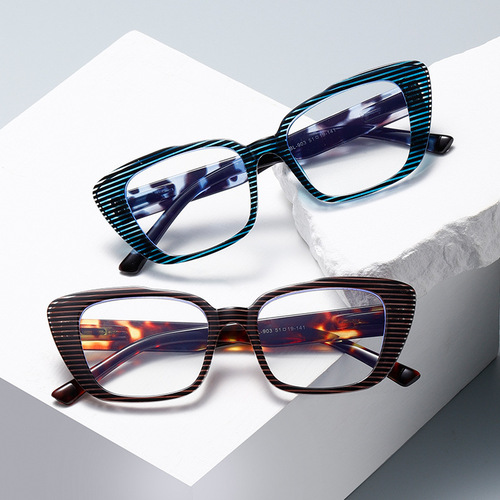 2024新款复古条纹框防蓝光平光镜 欧美街拍猫眼素颜眼镜框BL903