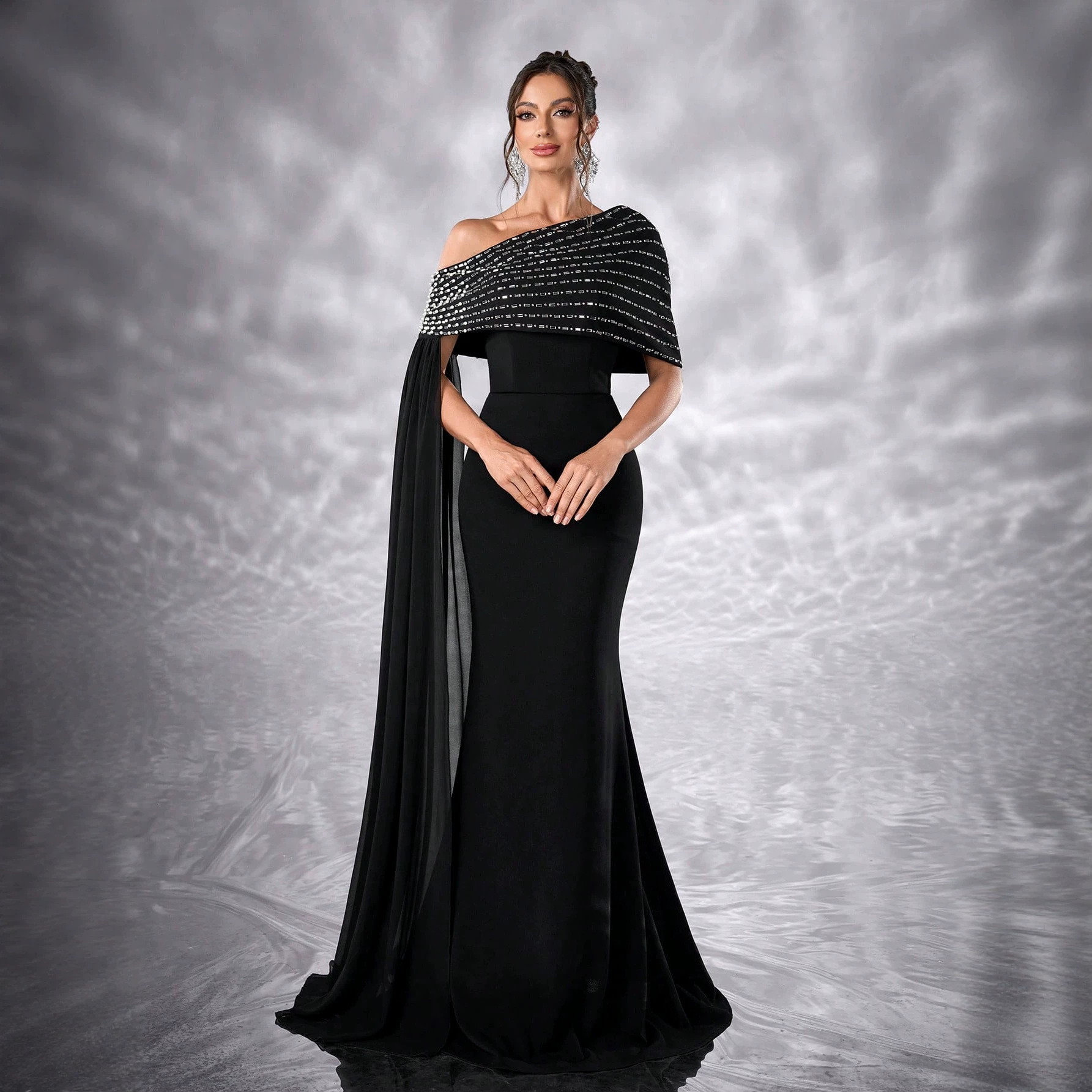 2025 European and American New Style Asymmetrical Shoulder Design Dress with Rhinestones, Elegant Party Birthday Evening Dress-Ssl6263