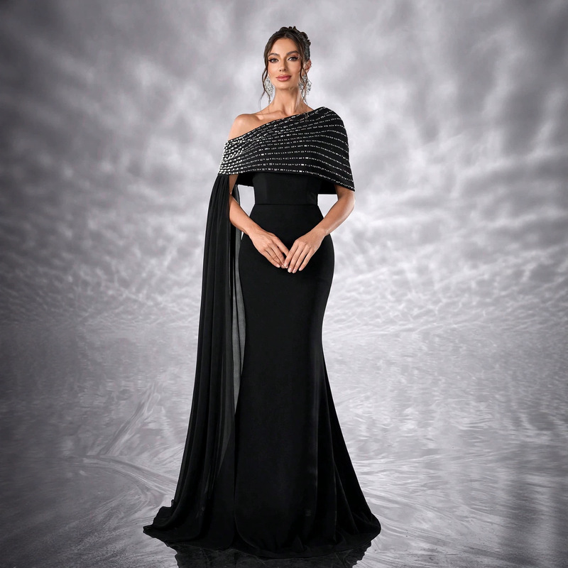 2025 European and American New Style Asymmetrical Shoulder Design Dress with Rhinestones, Elegant Party Birthday Evening Dress-Ssl6263