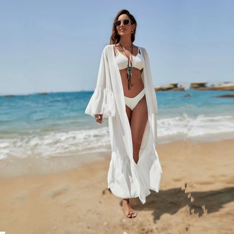 2023 New Chiffon Beach Blouse Seaside Vacation Strap Solid Color Bikini Sunscreen Blouse Women