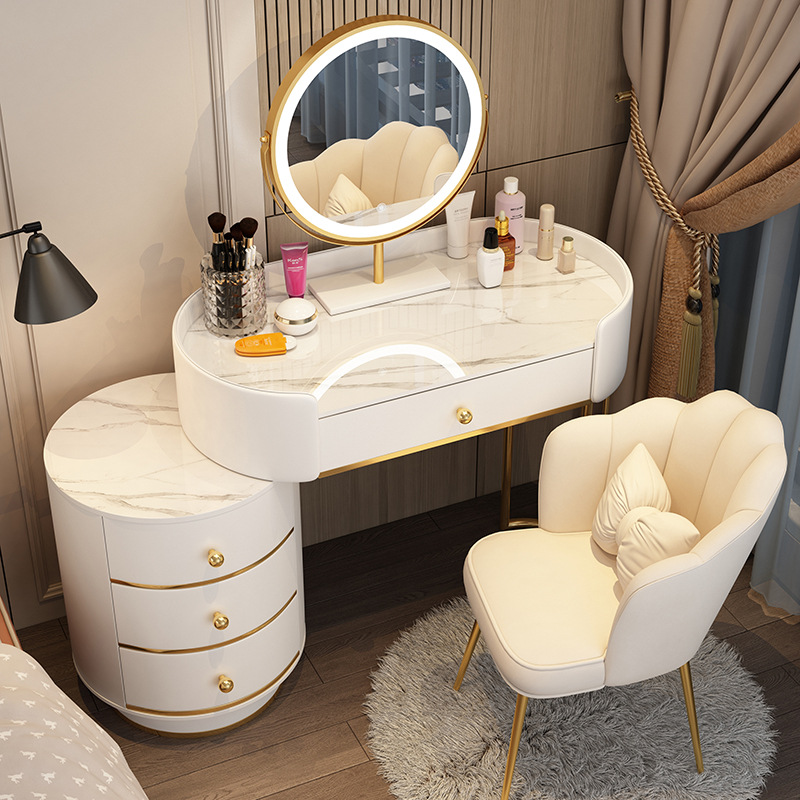 80 흰색 테이블 + 원형 캐비닛 + 거울 + 꽃잎 의자 흰색 TLMS 원형 스타일
