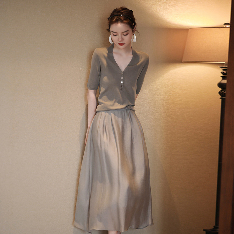 Light Mature Style High-Level Elegant Sagging Hip Covering Waist Skirt Pearl Yarn Beaded Shellfish Grey Lightweight Lyocell Skirt