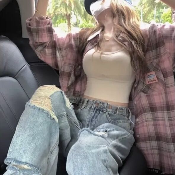 美式复古蓝色格子衬衫外套女2025秋季新款别致宽松休闲防晒衬衣潮|undefined