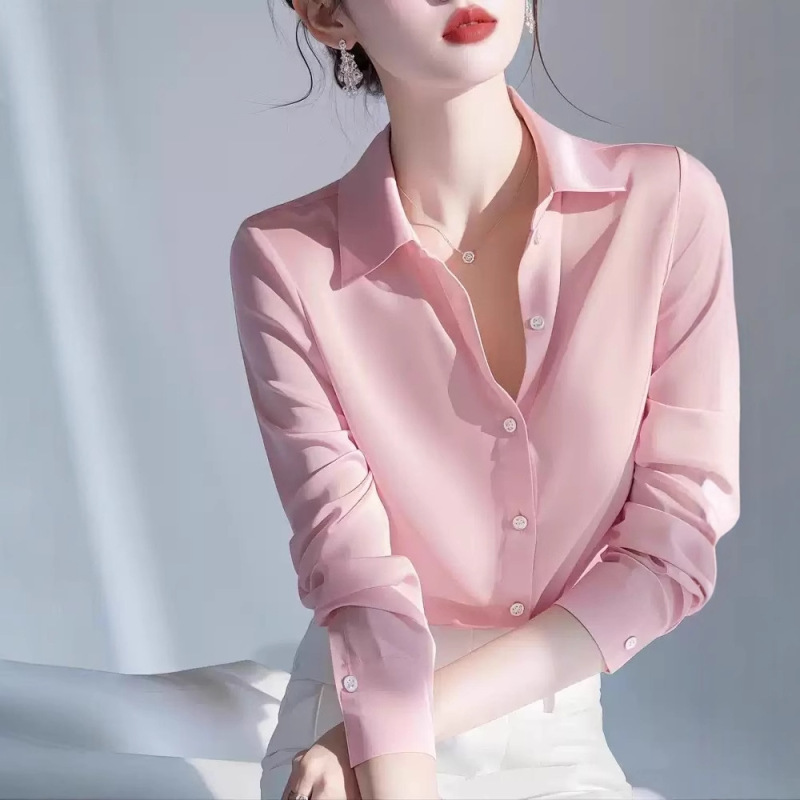 Fashionable and Beautiful Chanel Style Pink Satin Long-sleeved Shirt Women's Spring New Western Style Good-looking Commuting Stacked Shirt Fashionable and Beautiful Chanel Style Pink Satin Long-sleeved Shirt Women's Spring New Western Style Good-looking Commuting Stacked Shirt