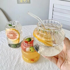 毛虫カップins縦紋太ったビープ音グラス果物カップストロー付き大容量冷たいカップコーヒーカップ