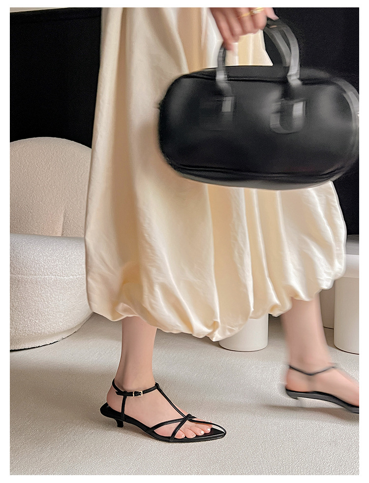 Sandal hở mũi nữ quai mảnh gót mèo con 4 cm phong cách tối giản — Màu đen chi tiết 37