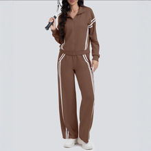 亚马逊秋冬女士休闲服拉链运动套装撞色条纹阔腿旅行运动服两件套