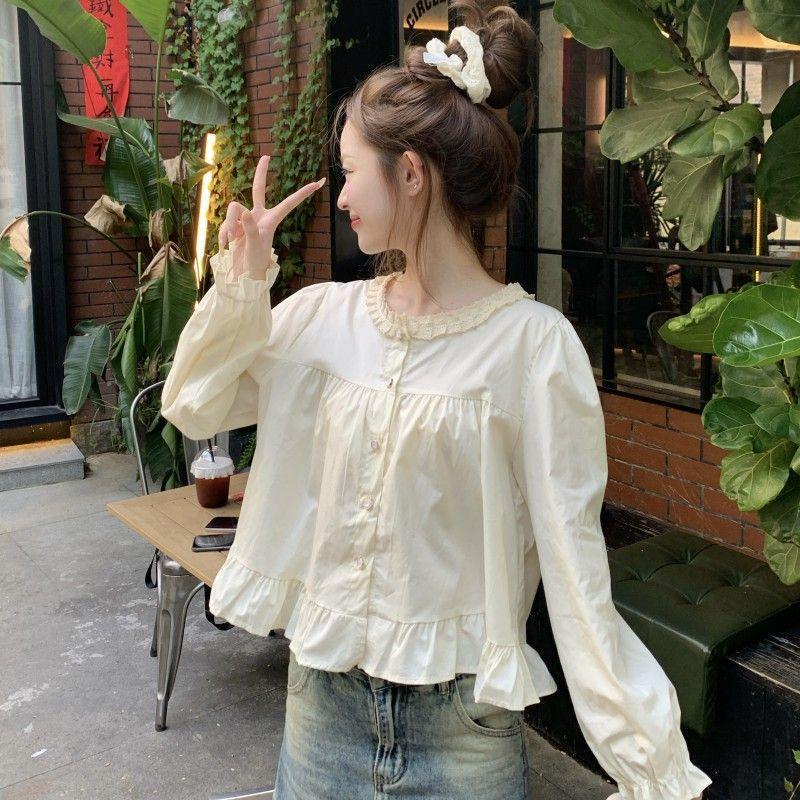 Early Autumn Sweet Lace Long-Sleeved Shirt for Women Petite Short Babydoll Shirt Design Niche Top