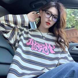 【260g仿棉拉架数码印】条纹长袖t恤女初秋设计感小众美式复古宽