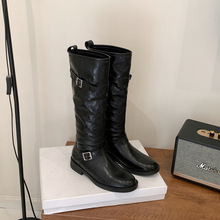 牛皮~厚底不过膝长筒靴女2025秋冬新款复古西部高筒靴粗跟骑士靴