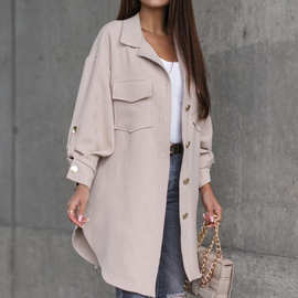 亚马逊外贸女装秋冬季新款挽袖纽扣装饰中长款风衣外套女一件代发