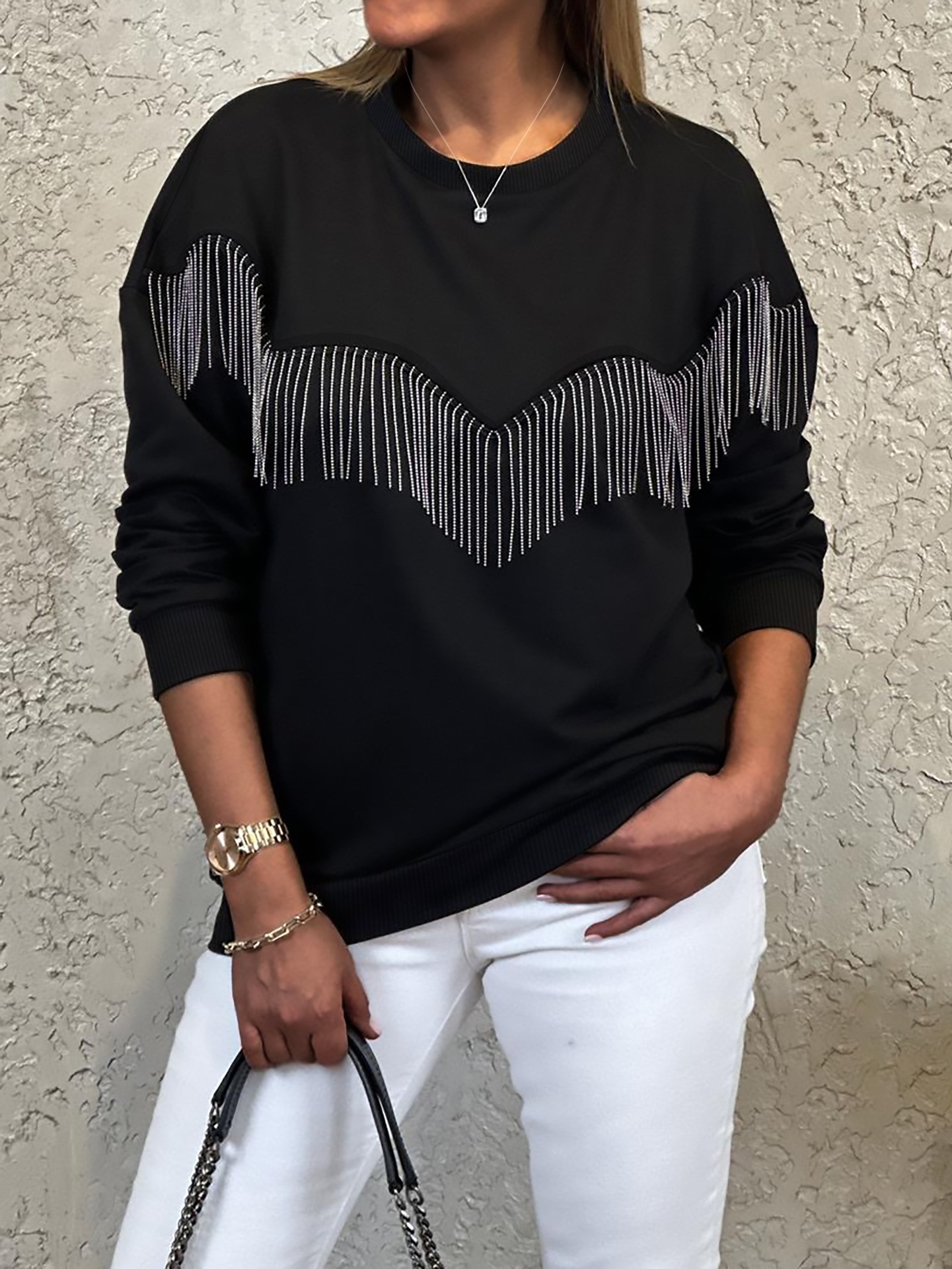 Women's Elegant Basic Long Sleeve Tops With Fringe Detail, Round Neck Pullover For Casual Daily Wear_ecoleips.com