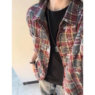 复古衬衫男春秋款时尚宽松青少年休闲格子长袖衬衣设计感上衣外套