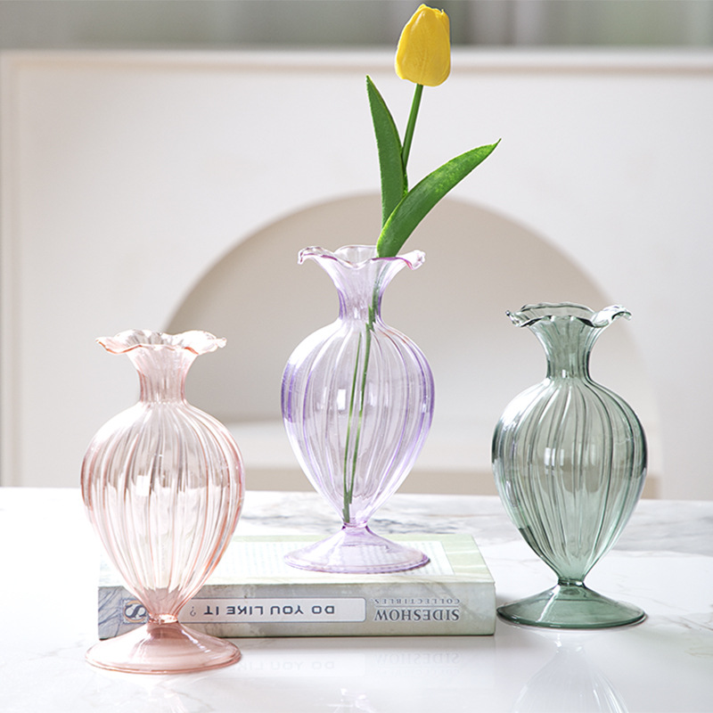 Vintage francés en relieve jarrón de vidrio hidropónico transparente arreglos de flores sala de estar decoración de mesa ornamentos artesanías